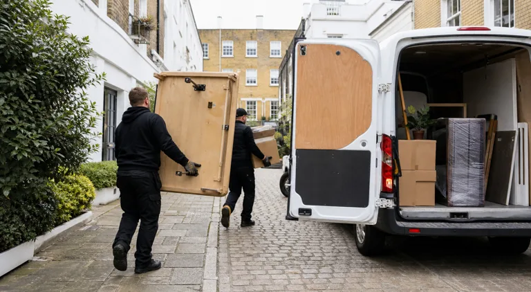 Collection crew moving dismantled furniture from a Chelsea mews home