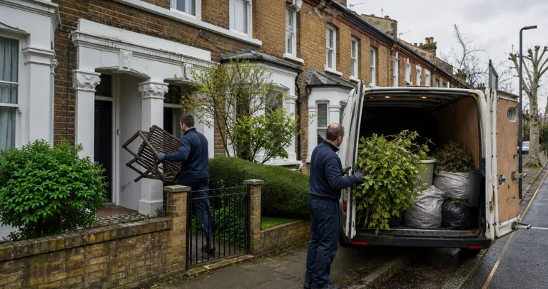 Rubbish removal team collecting garden furniture and green waste from a Fulham house