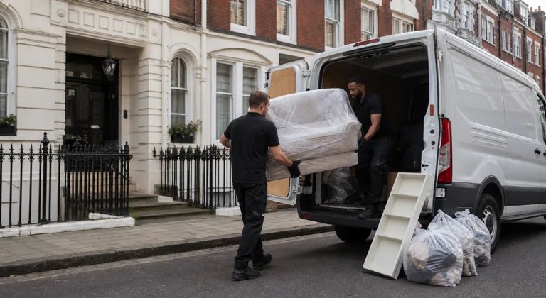 Rubbish removal crew loading wrapped furniture outside a Kensington mansion block