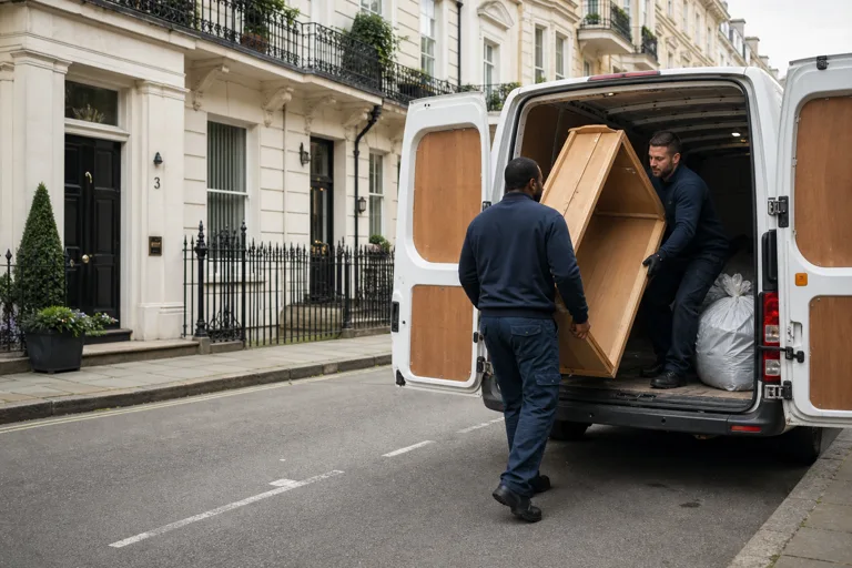 Rubbish removal team loading a wooden cabinet into a van outside a Westminster townhouse
