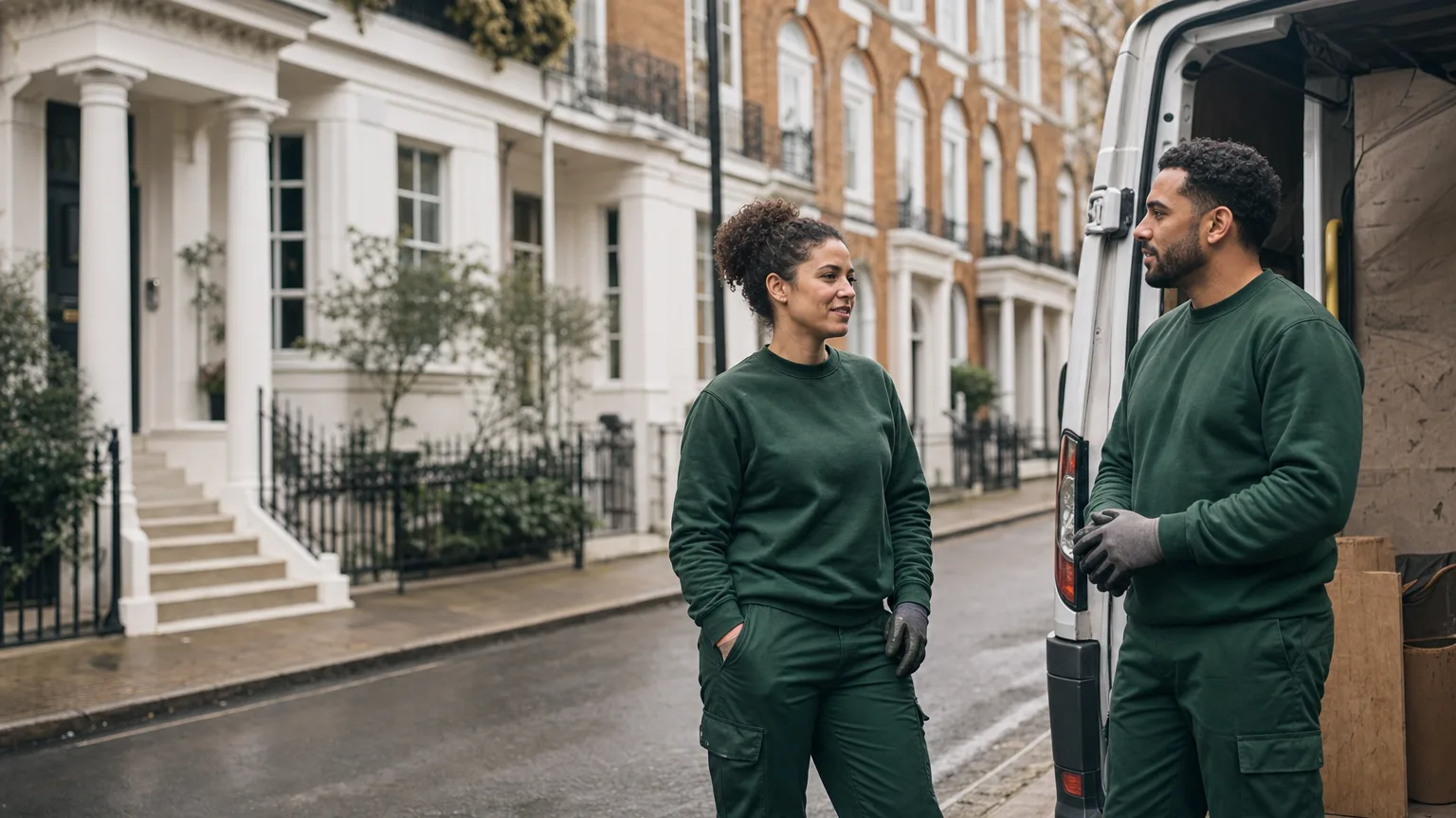 Rubbish Please clearance team beside their van on a London residential street