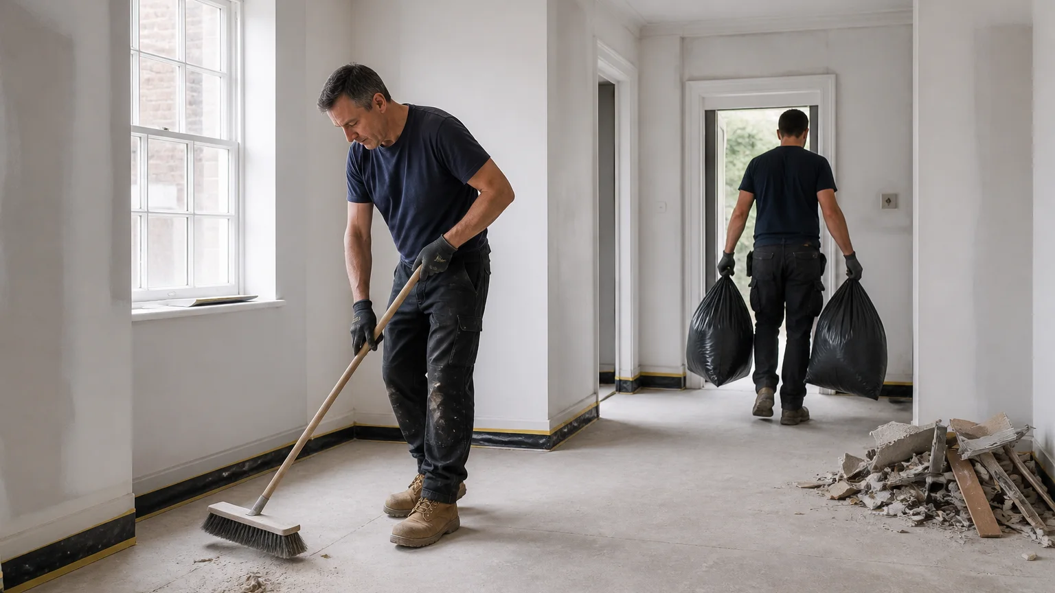 Final sweep after renovation debris removal from a London property