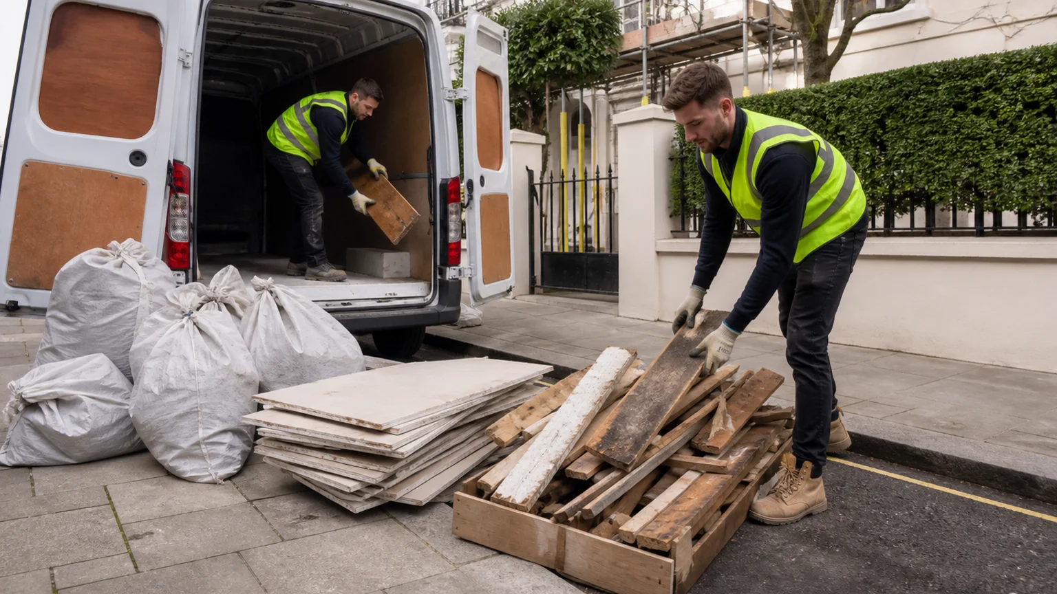 Builders waste sorted for collection beside a London refurbishment property