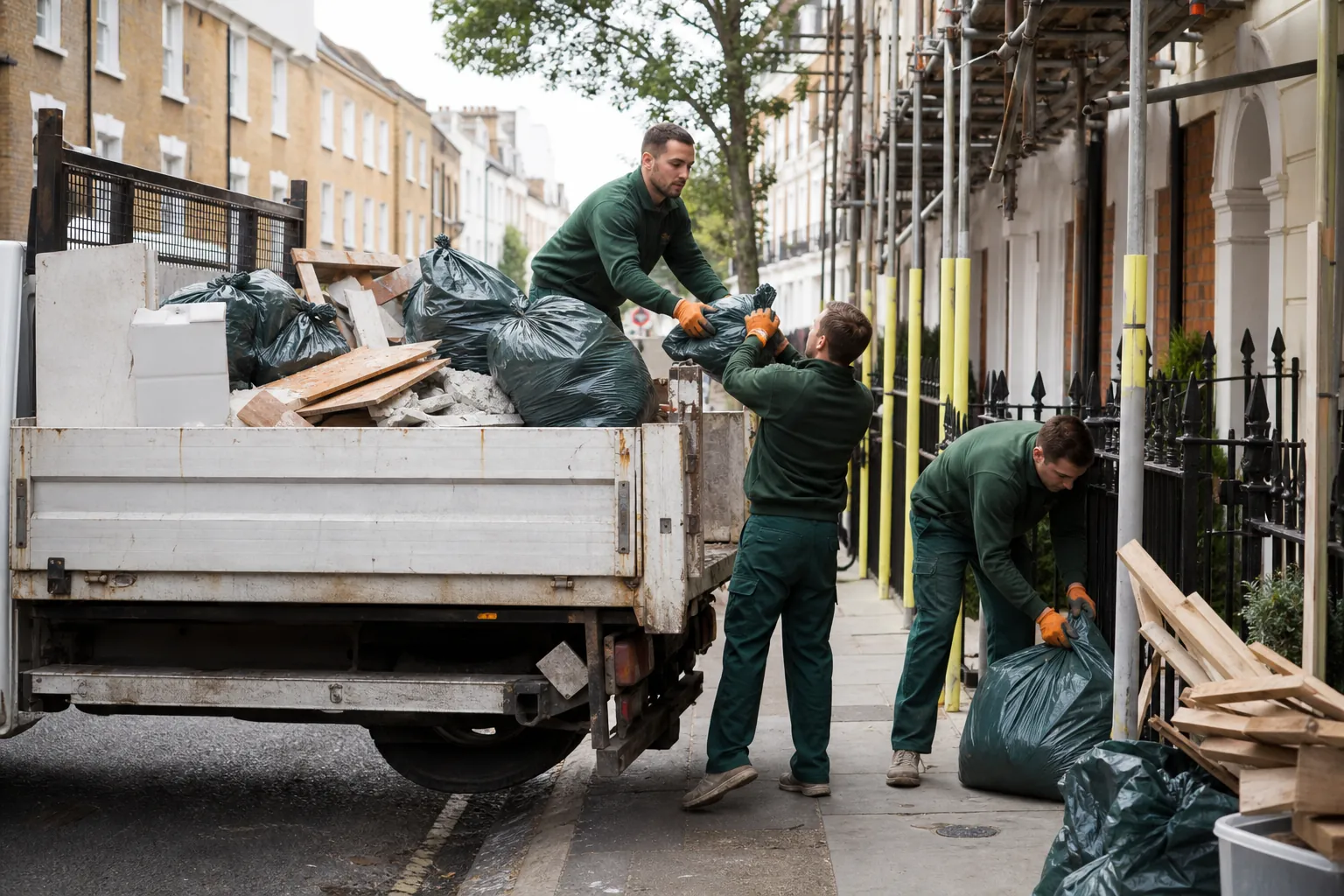 Professional team loading builders waste during a London clearance
