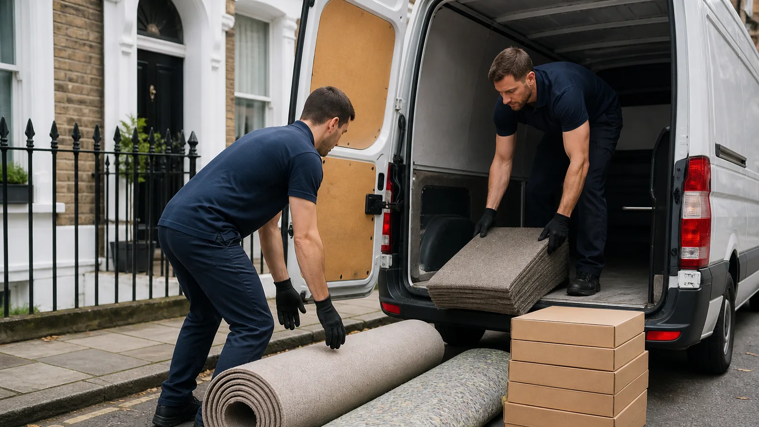 Rolled carpet, underlay and carpet tiles being loaded into a London collection van