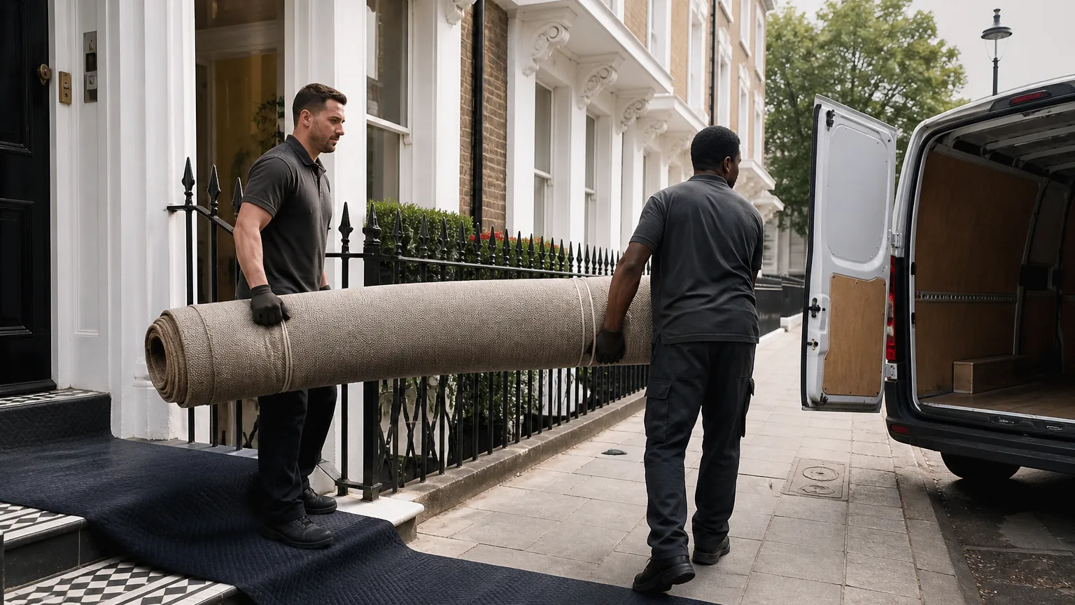 Two workers carrying a secured carpet roll from a London home