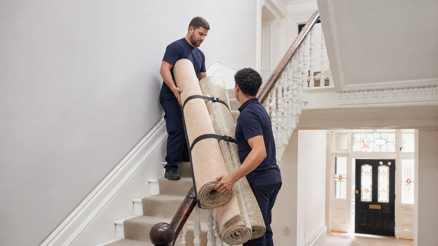 Professional workers carrying secured carpet rolls safely down stairs in a London property