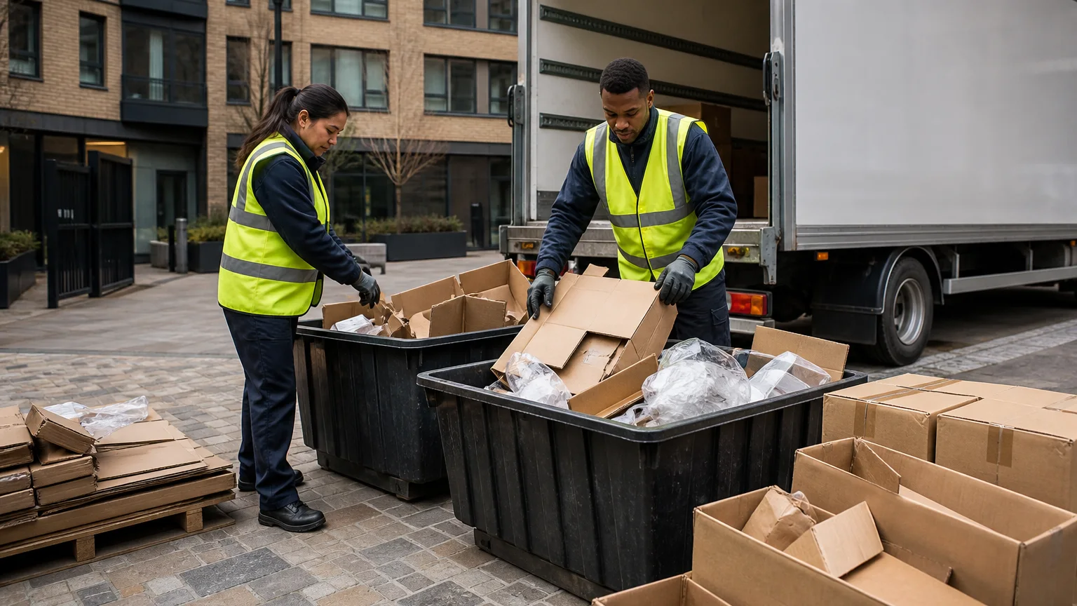 A professional commercial collection team sorting packaging and non-hazardous business waste in London