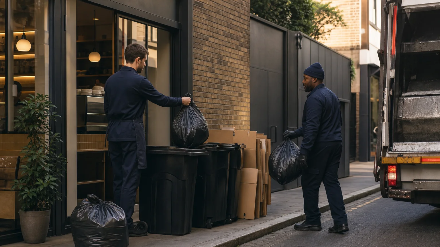 A scheduled early-morning rubbish collection from a London business