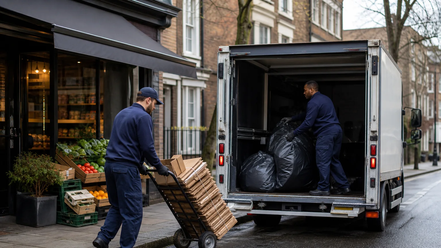 A professional team completing a scheduled rubbish collection route at a London business