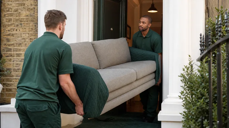 Sofa being prepared for collection from a Chiswick home