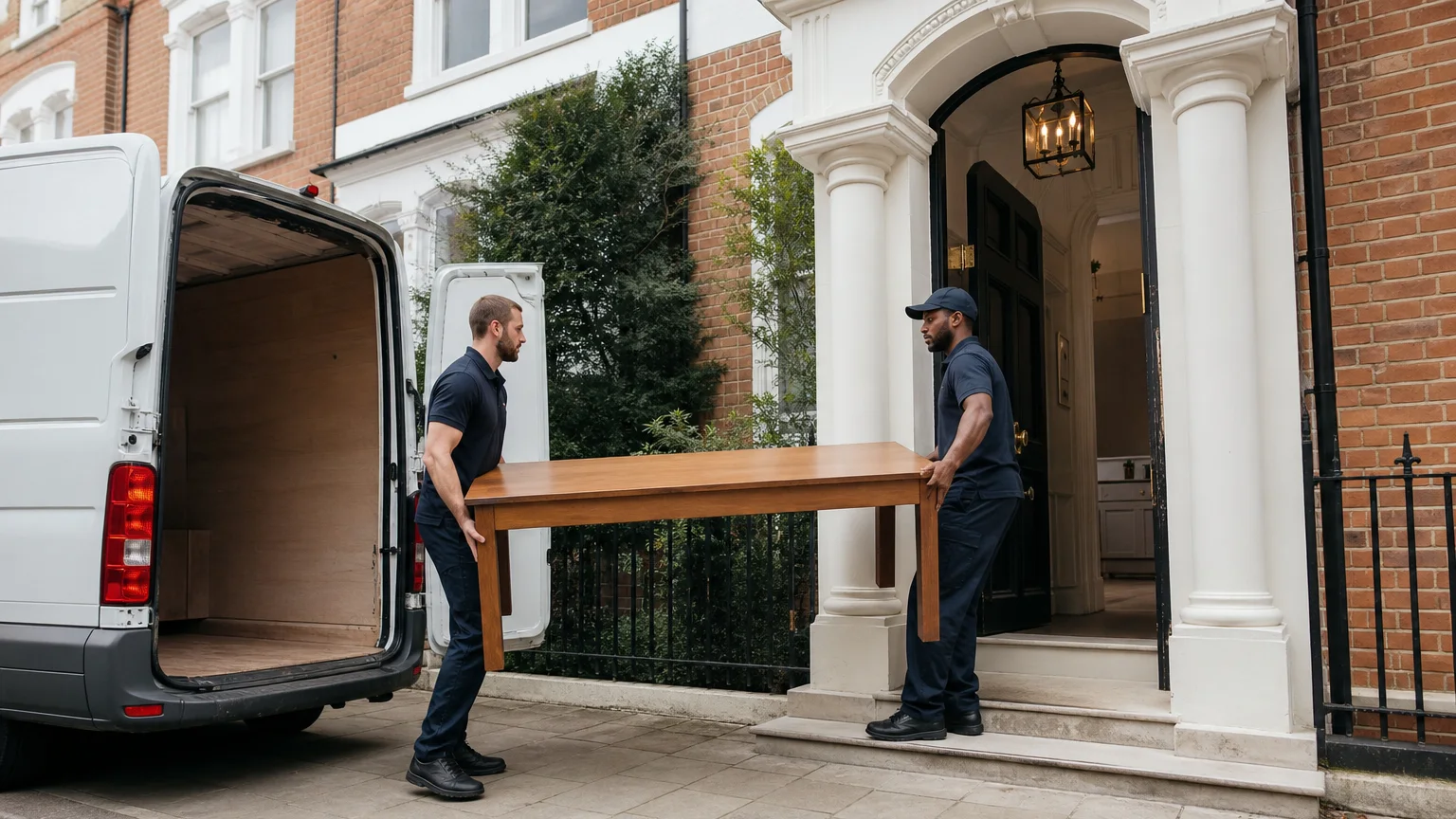 Professional workers carrying a dining table from a London townhouse to a collection van