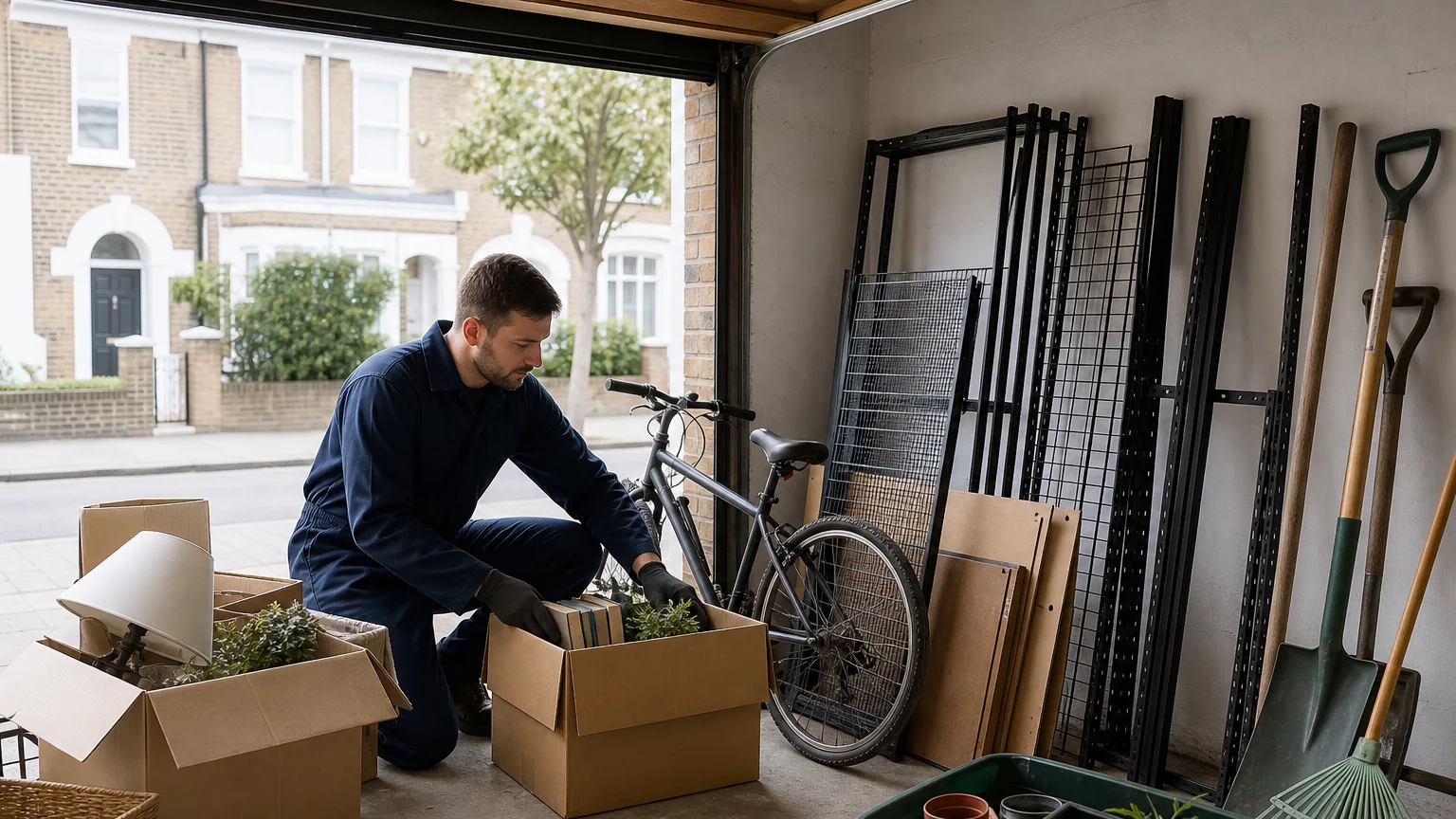 A professional worker sorting boxed items, shelving and tools during a London garage clearance