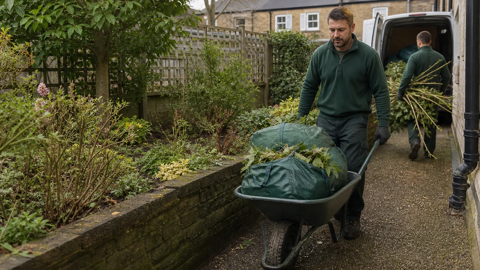 Bagged garden waste moved through side access to a collection van