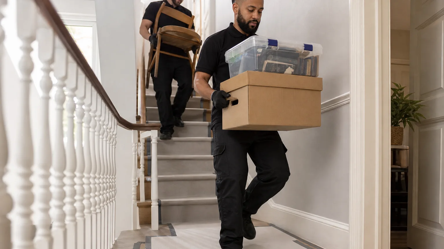Clearance workers carrying stored items safely down stairs from a London loft