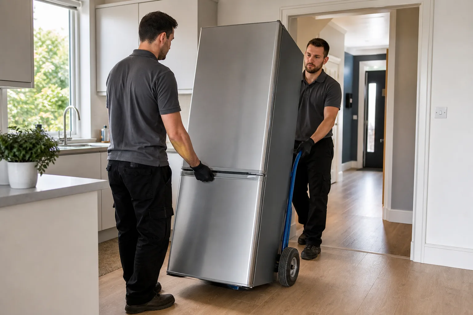 Professional collectors moving a fridge freezer safely through a London home