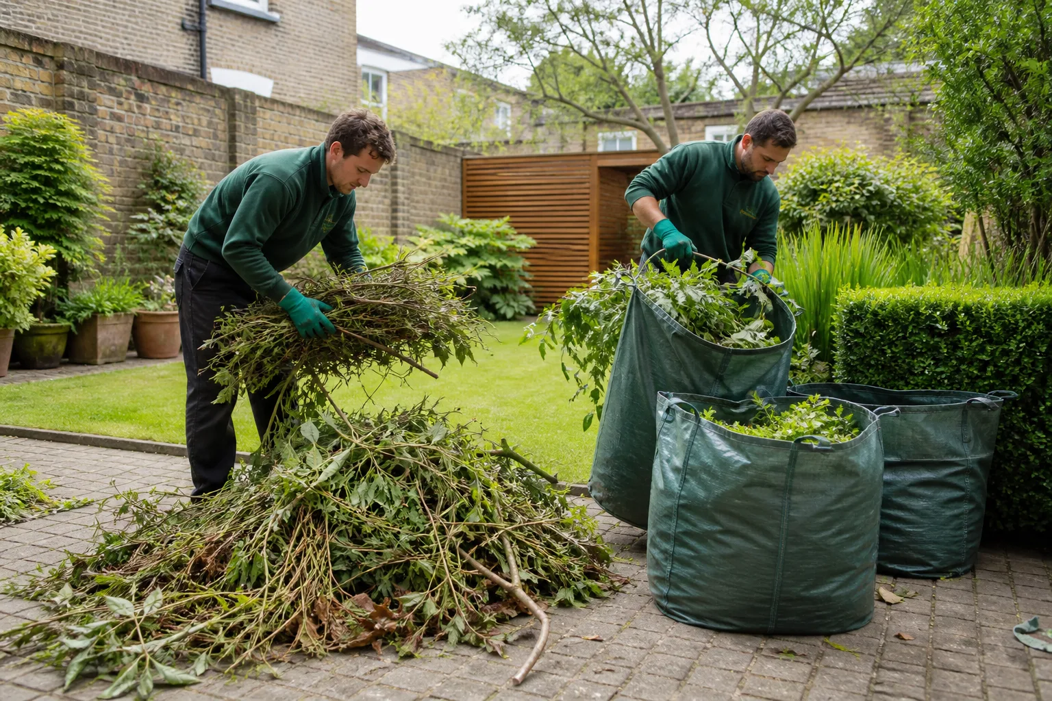 A professional team collecting branches and green waste from a London garden