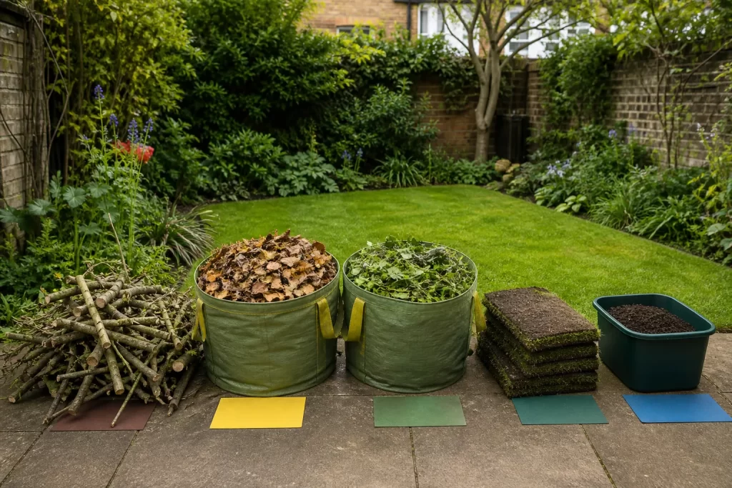 Branches, leaves, turf and soil separated for a garden waste collection