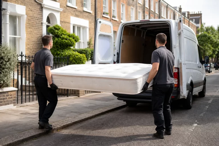 Two professional collectors loading an old mattress into a van on a London street