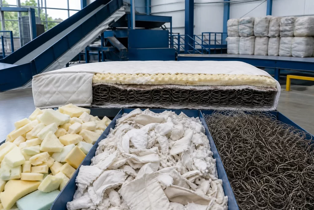 Mattress materials separated into foam, fabric and metal springs for recycling