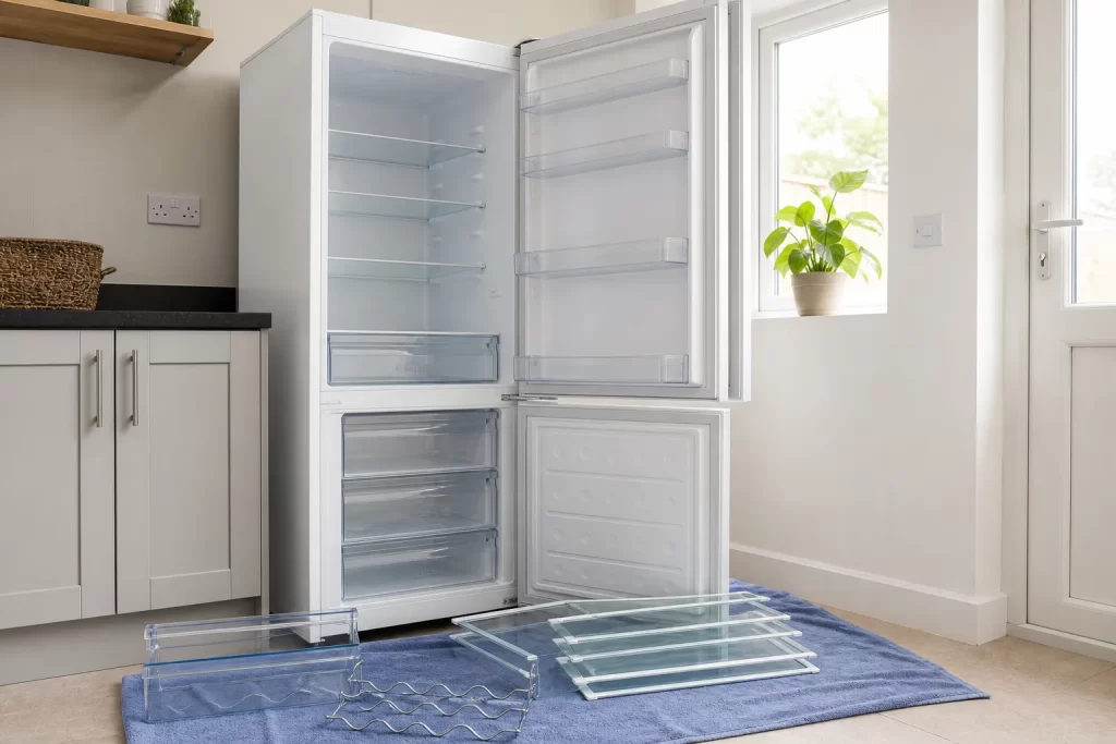 An empty unplugged fridge freezer prepared safely for collection