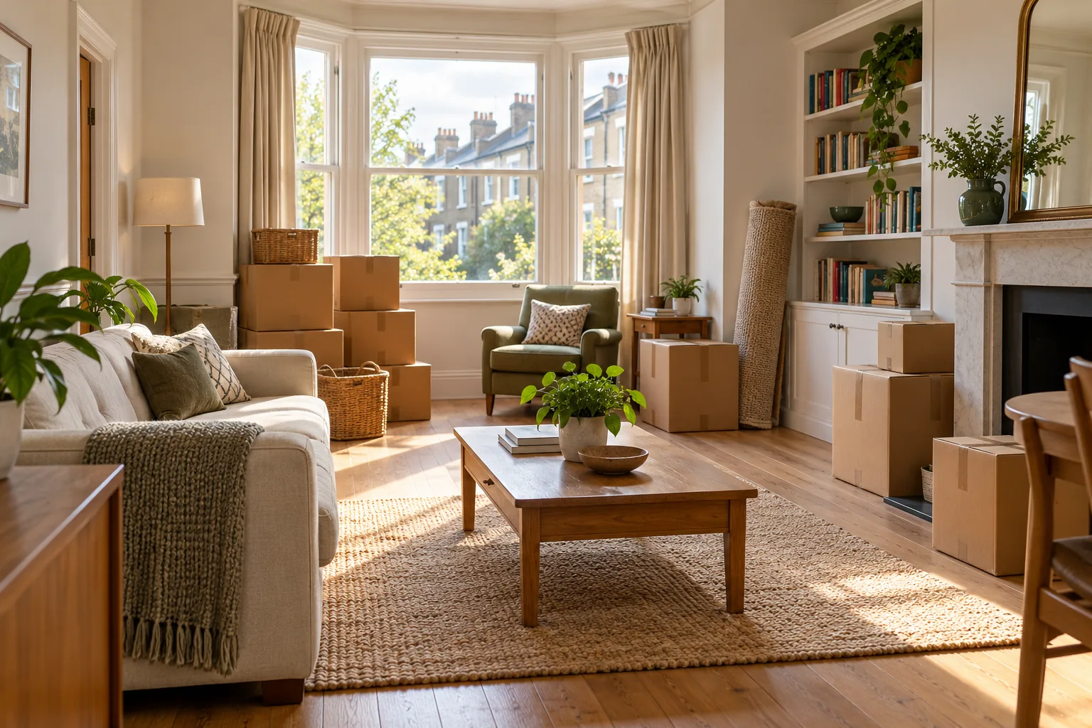 Family-home furniture and moving boxes organised for a move to a smaller property