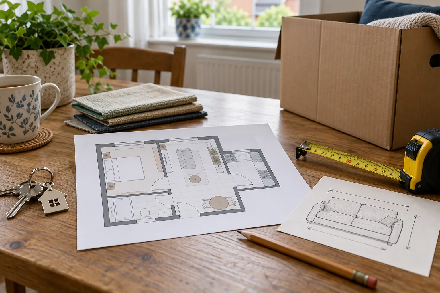Furniture measurements compared with a floor plan before a downsizing move