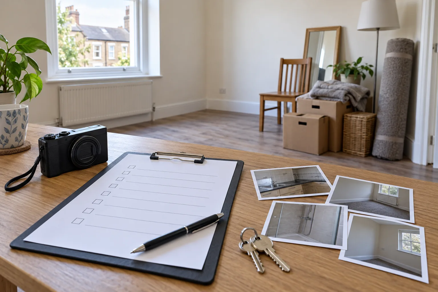 Landlord documenting items and room condition before arranging end-of-tenancy rubbish collection