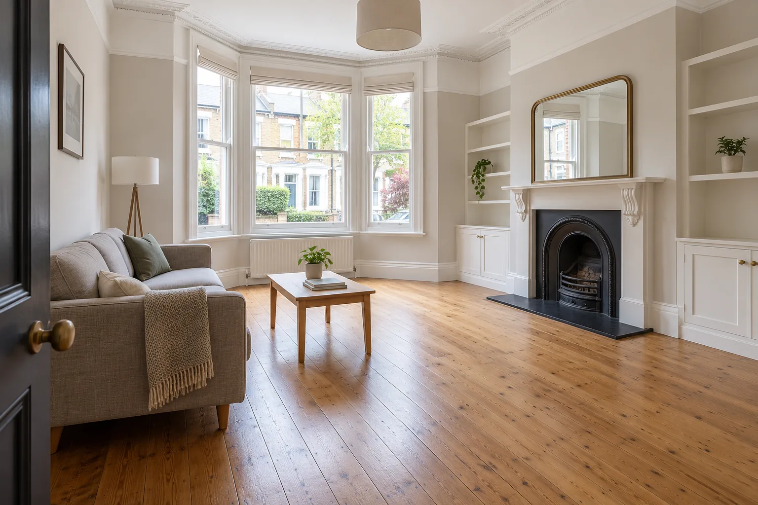 Bright empty living room prepared for estate agent photography after unwanted items are removed