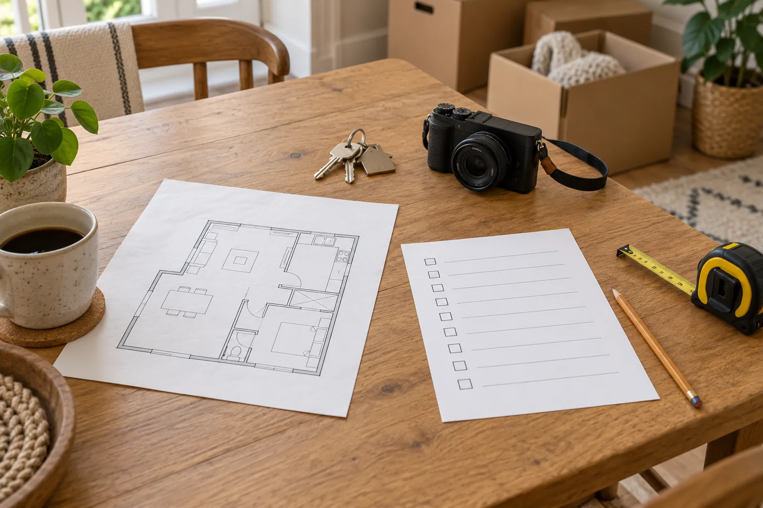 Floor plan and room-by-room clearance checklist beside a camera and property keys