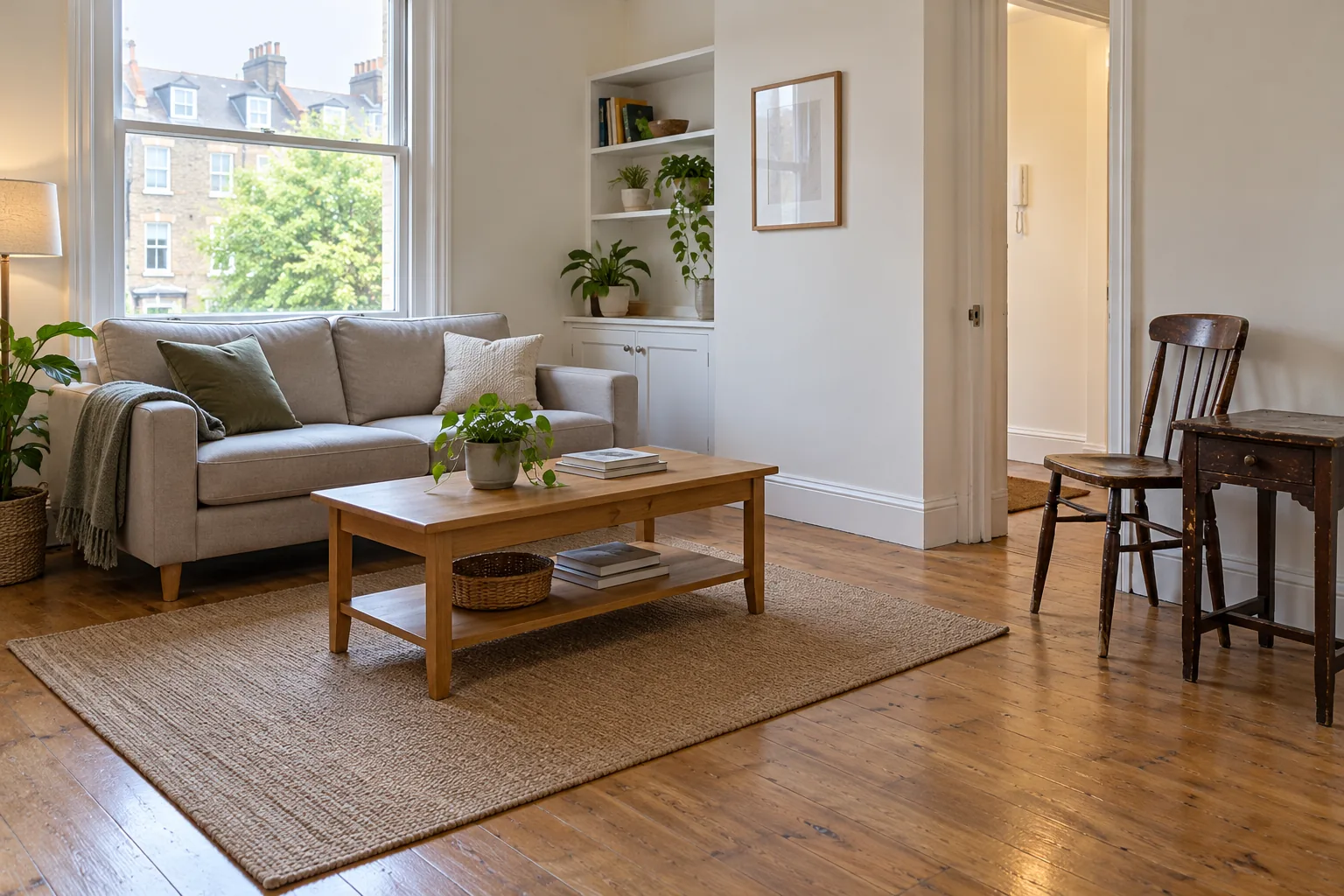 Furnished rental living room with selected furniture prepared for a between-tenancy refresh