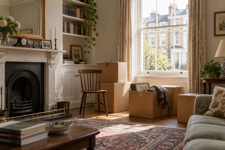 Cardboard boxes in a quiet London sitting room prepared for a house clearance
