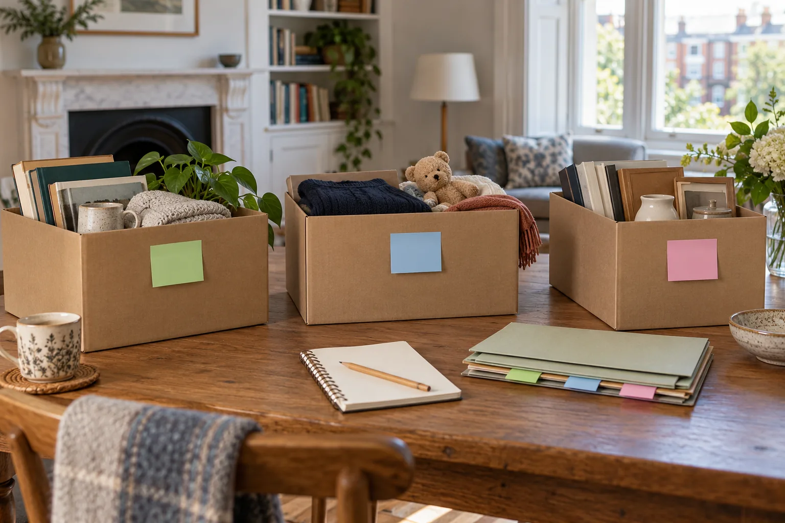 Belongings separated into three boxes with coloured tabs before a house clearance