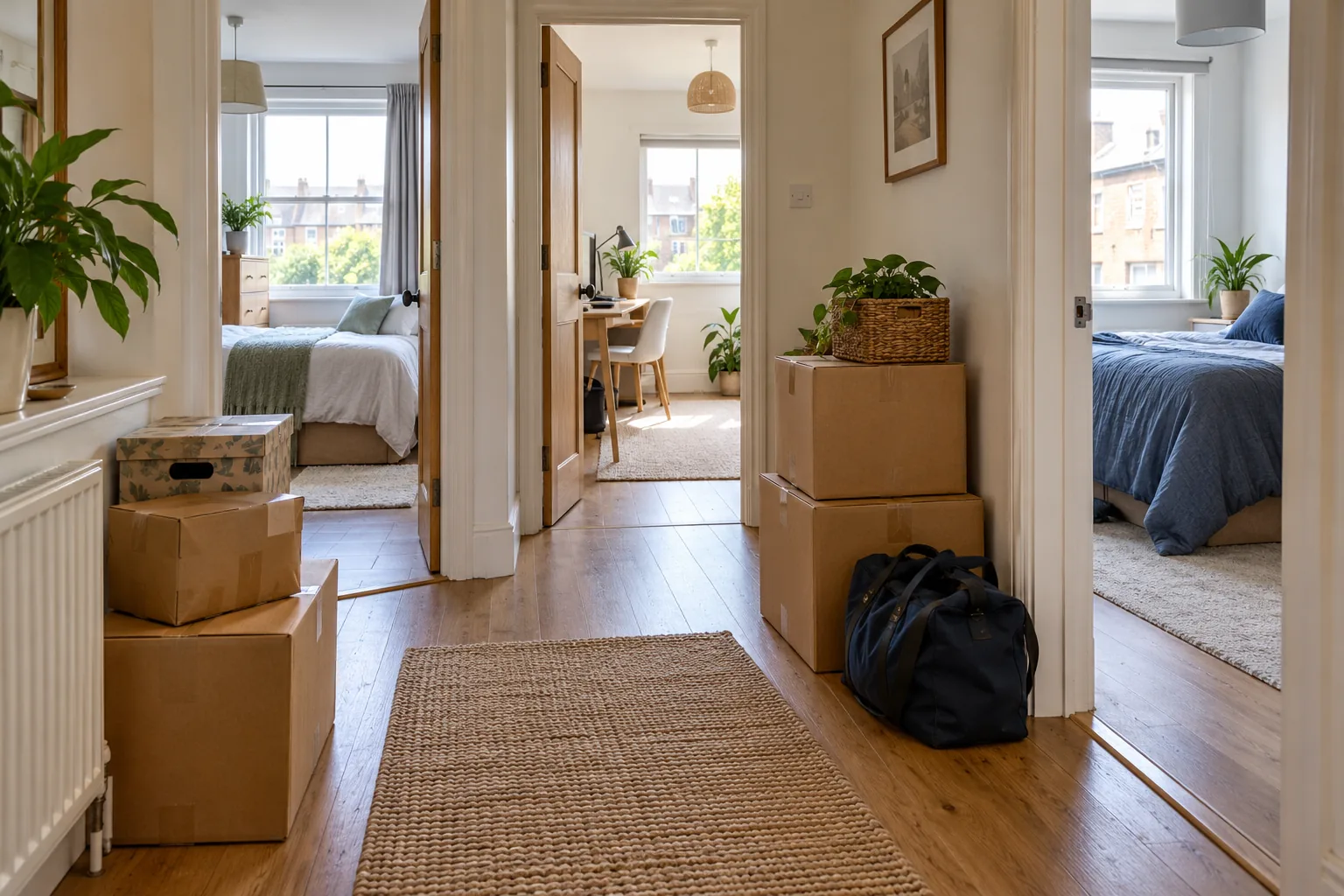 Shared rental house hallway with moving boxes and a clear route for move-out