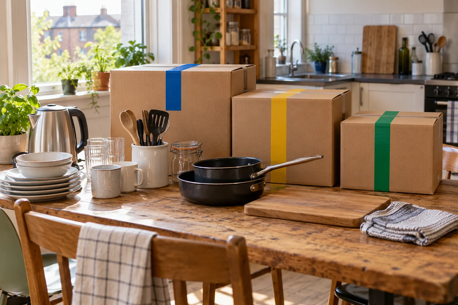 Housemates' colour-coded moving boxes and shared kitchen items sorted before collection