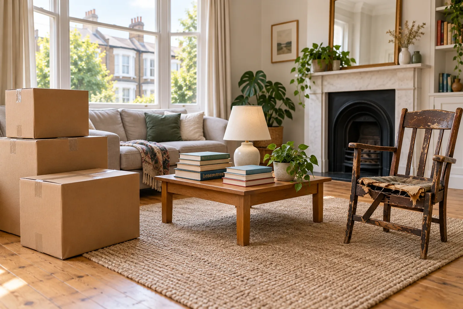 Clearly labelled boxes for keeping, donating and removing household belongings